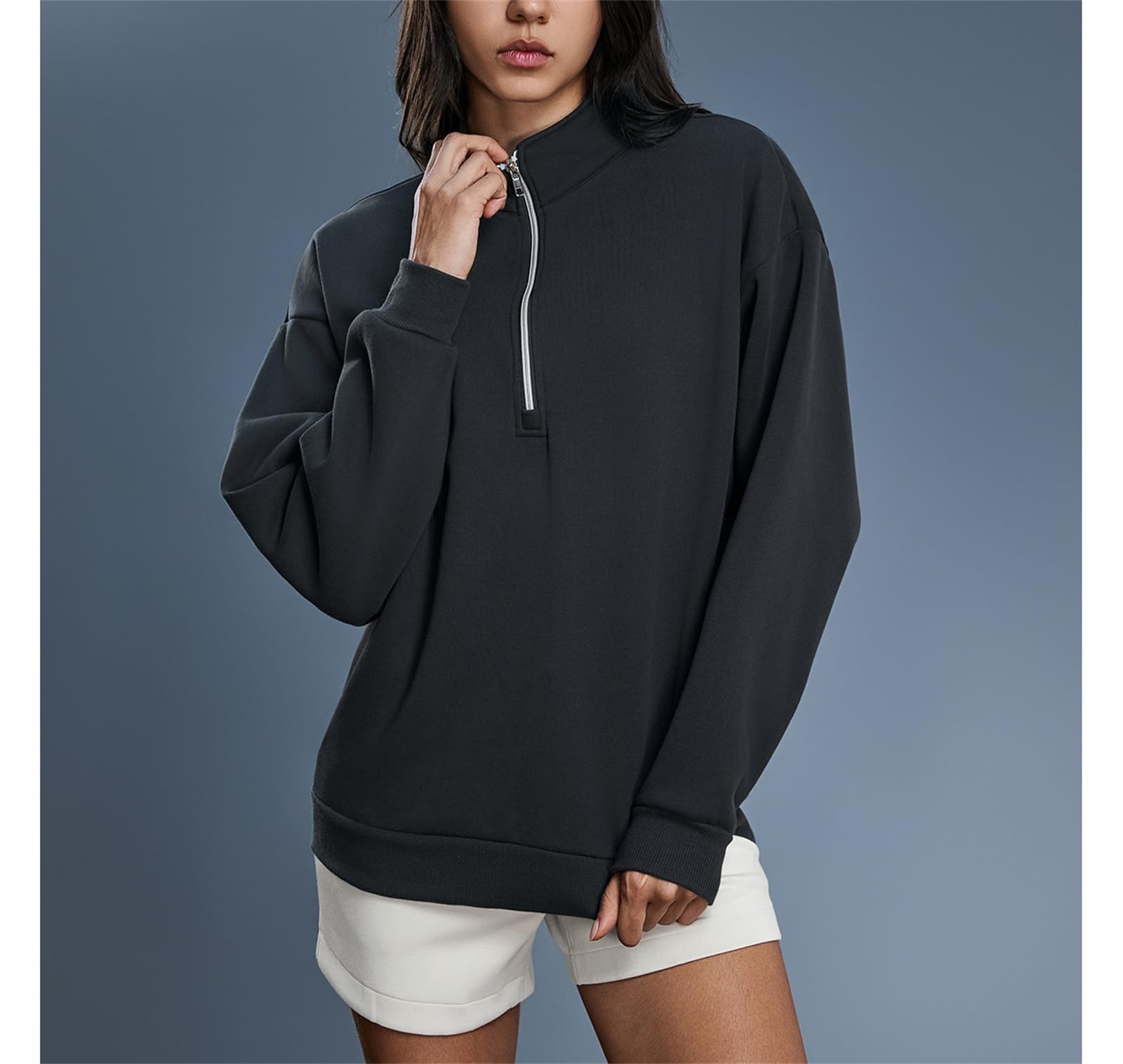 Generisch Damska bluza z zamkiem błyskawicznym i podszewką z bawełny polarowej, damska bluza oversize z zamkiem błyskawicznym na ćwiartki, moda jesienna