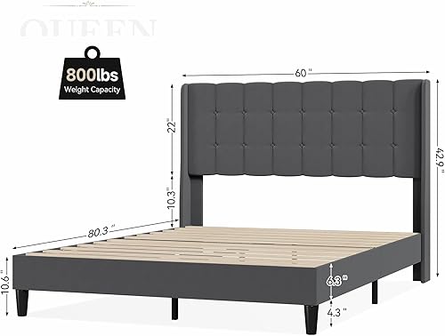 Miniatura 2 de Amyove Base de cama de plataforma Queen con cabecera tapizada y respaldo alado diseño capitoné fácil montaje gris oscuro