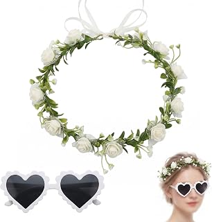 Blumenkranz Haare mit Herz Sonnenbrille JGA Accessoires Frauen Set, Haarkranz Trockenblumen Weiß für Hochzeit Junggesellenabschied Frauen Bride to Be Deko, Kopfschmuck Braut Kommunion Mädchen