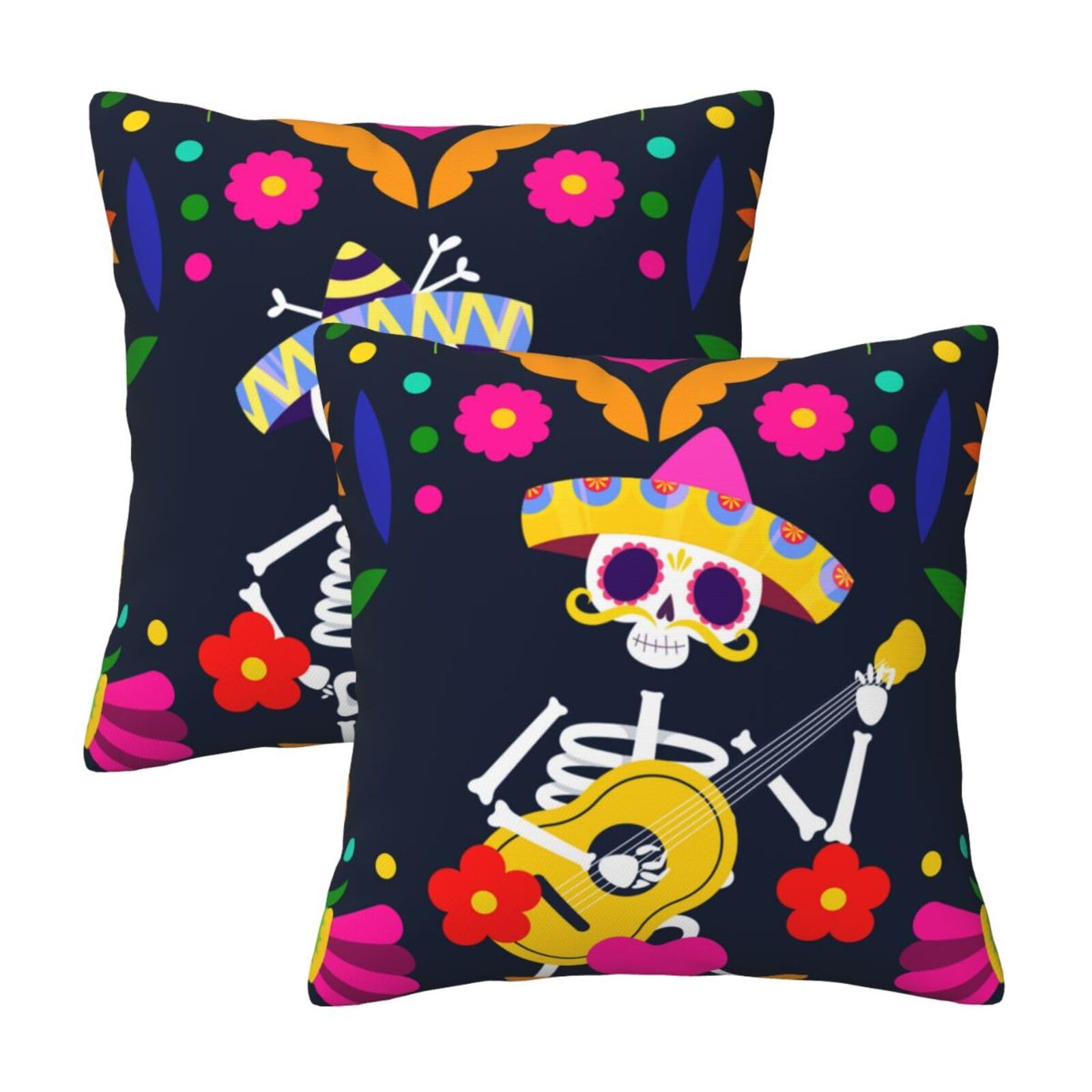 Day of The Dead Throw Pillow Covers Sugar Skull Flower Pillow Case Dia De Los Muertos Square Cushion Cases Mexican Fiesta Festival Cinco De Mayo Decorations for Sofa Couch Bed Car 18 x 18 in