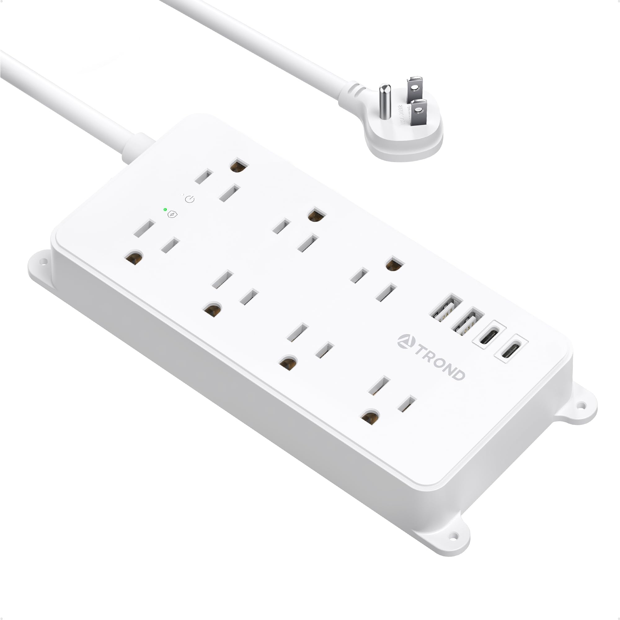 TROND Power Strip Surge Protector, 7 Widely Spaced Outlets with 2 USB A and 1 USB C, ETL Listed 1700J, Wall Mount, Flat Plug 5ft Extension Cord 14AWG Heavy Duty, for Home, Office Garage, White