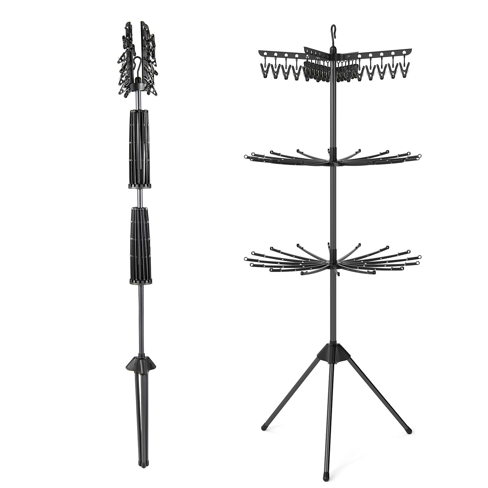 GIANTEX 3-poziomowa suszarka stojąca obrotowa o 360°, wieszak na ręczniki z 32 prętami i 24 klipsami, zdejmowany górny wieszak, oszczędność miejsca, składana pionowa suszarka do ubrań do wewnątrz i na