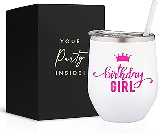 Your Dream Party Shop Birthday Girl Insulated Wine Tumbler, 12oz - White Stainless Steel Cup for Women’s Celebrations - Birthday Tumbler For Women