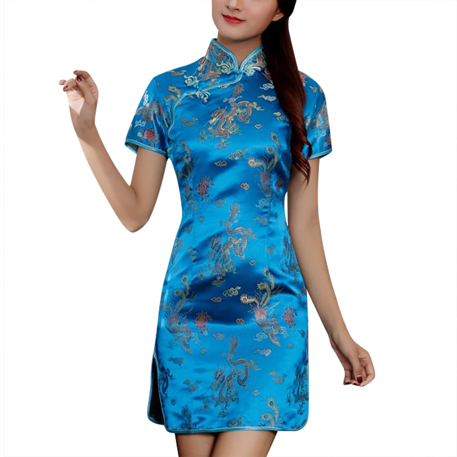Genérico Cheongsam - Vestido corto para mujer, estilo chino, manga corta, estilo vintage, vestido de noche