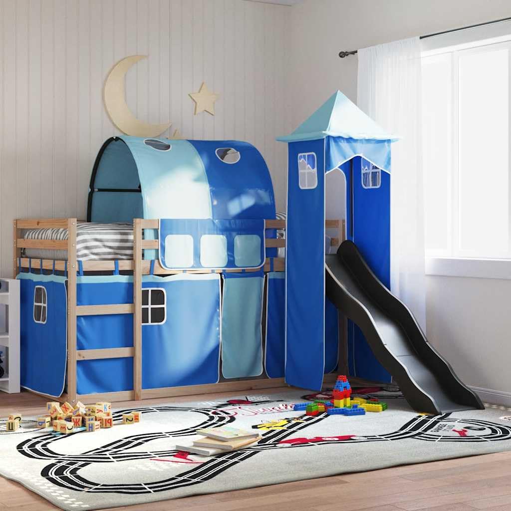 vidaXL Letto a Castello con Scivolo e Tende Blu 80x200 cm