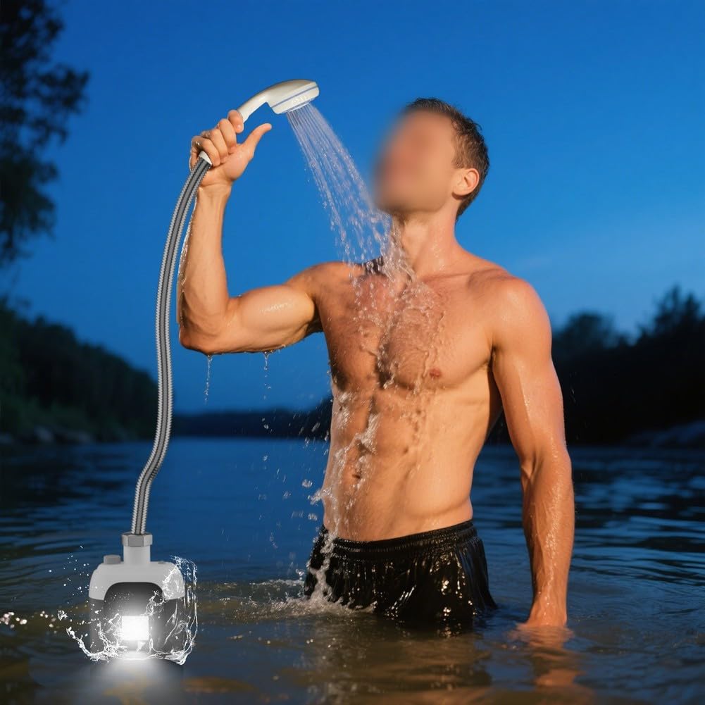 KiraKira Wiederaufladbare tragbare Campingdusche mit integriertem LED-Licht, wasserdichte elektrische Pumpe für Outdoor-Abenteuer, Hochdruck-Schwarz