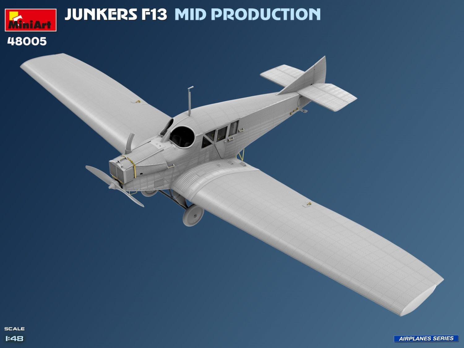 MiniArt 48005 1:48 Junkers F13 Zivil Mit. Prod. - originalgetreue Nachbildung, Modellbau, Plastik Bausatz, Basteln, Hobby, Kleben, Modellbausatz, Zusammenbauen, unlackiert