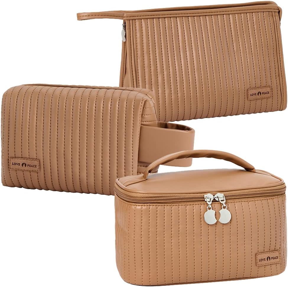 Makeup Bag 3 Pcs Cosmetic Bags Set, PU Striped Leather Toiletry Bag, Portable Waterproof Travel Makeup Organizer, Cute Make up Bags for Women and Girls