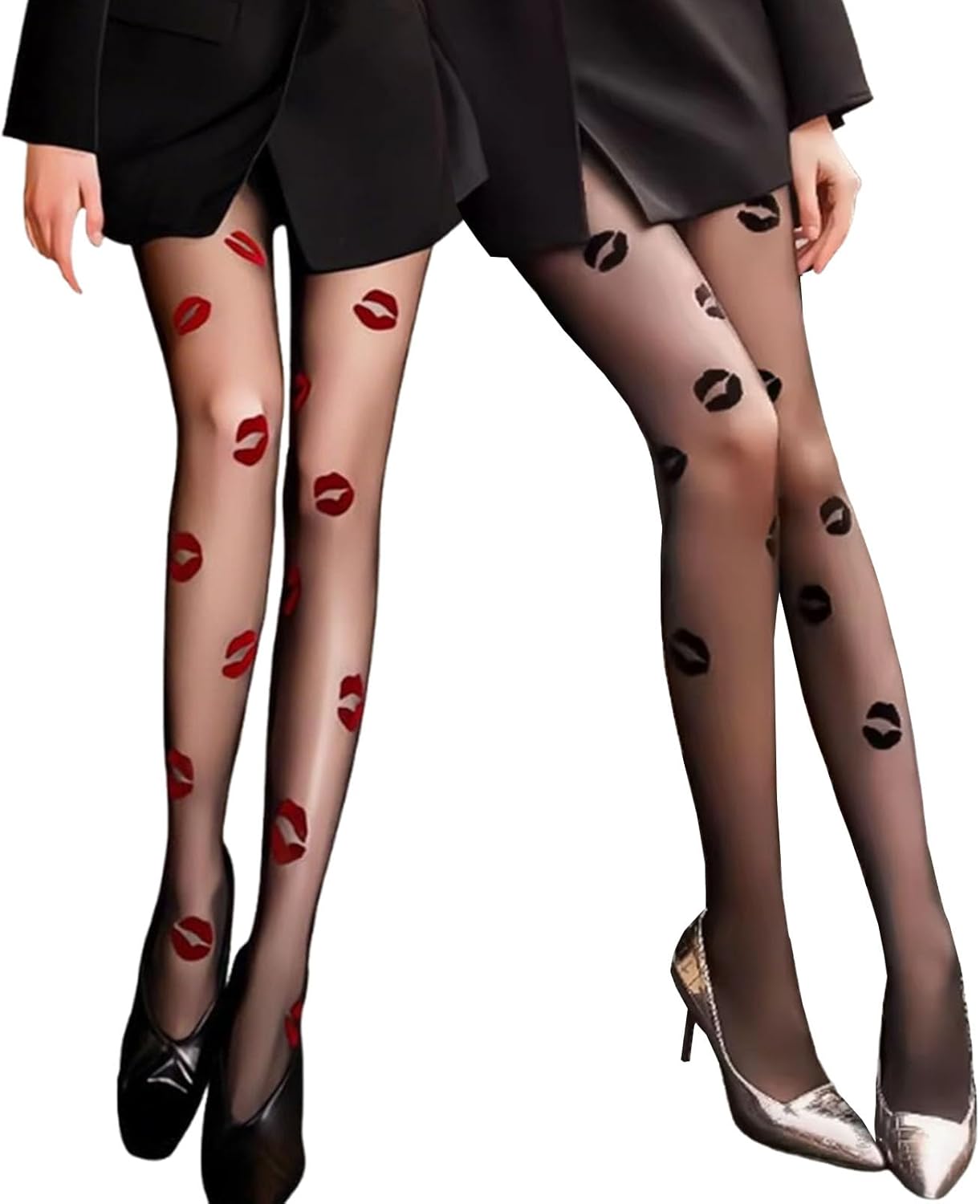 2 Pairs Women's Lip Print Tights Velvet Sheer Pantyhose Kiss Pattern Design Stockings for Party Daily Wear Black Sheer Tights for Women Ladies 2 Pair Spring Fall Thin