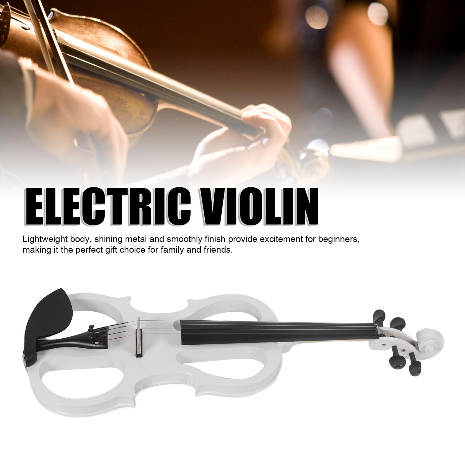 Profesional 4/4 Violín Electrico Silencioso Tamaño Completo Electric Violin Set para Principiantes, Violín Eléctrico Metálico de Madera Maciza, Negro (White)
