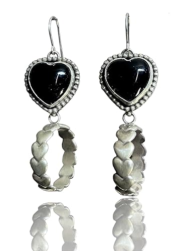 Sterling Silver 925. Large Onyx Chunky Southwest Infinity Heart Dangle French Hook Earrings. Made in the heart of New Mexico.