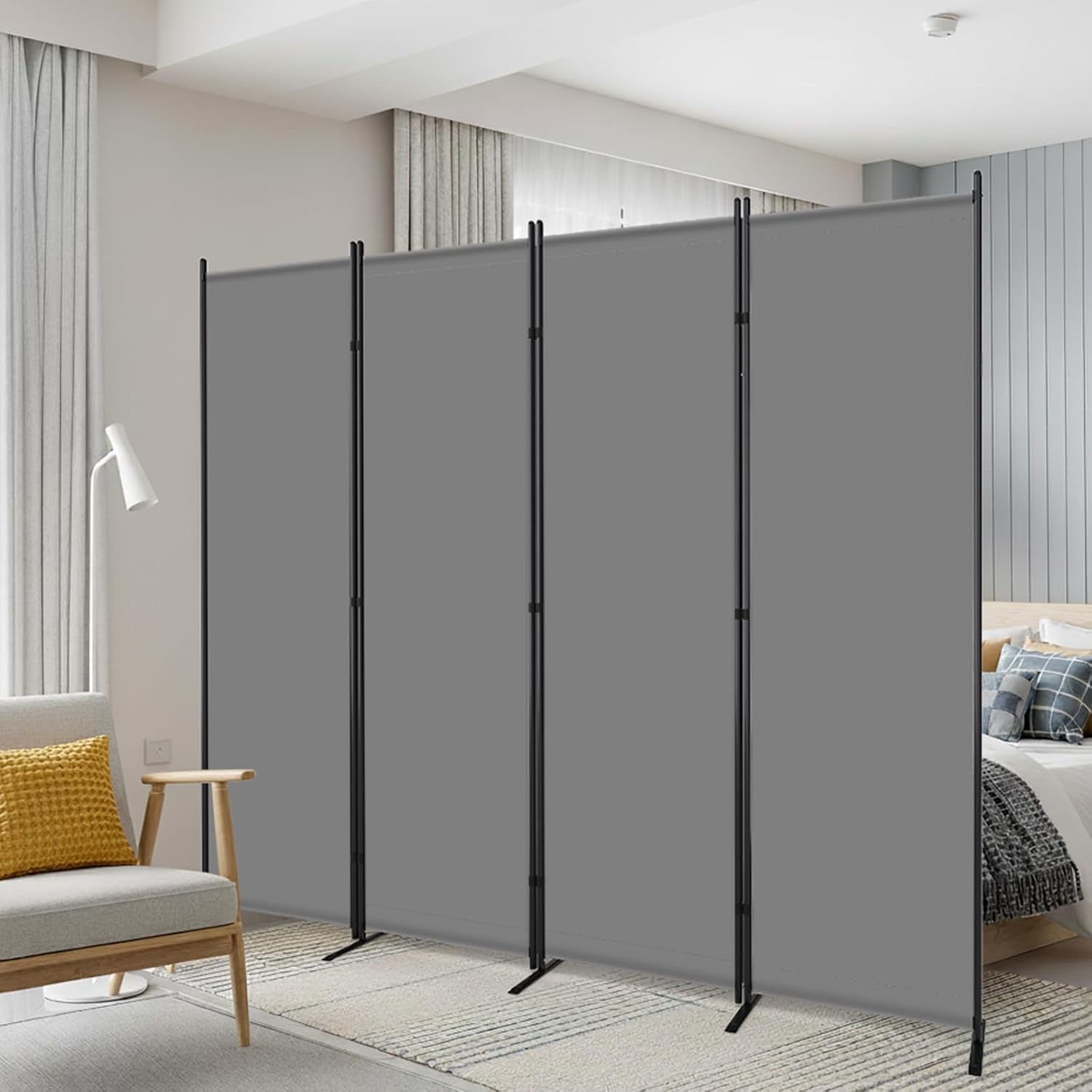 AKTOP 4 Panel Room Divider, 6FT Portable Wall Divider for Room Separation, 88" W Fabric Partition Room Dividers and Folding Privacy Screens, Freestanding Room Separators for Home Office Bedroom, Grey