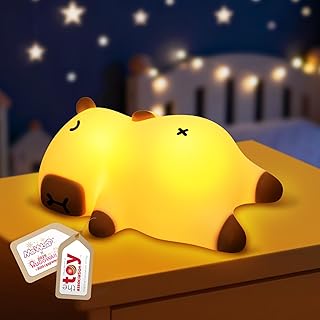 Mewaii Snoring Sound Capybara Night Light for Kids -Silicone Breathing Capybara Gifts Lamp with 3-Level Dimming, Cute Light Rechargeable​ Cuddly Bedtime Companion for Nursery, Baby Toys& Room Decor