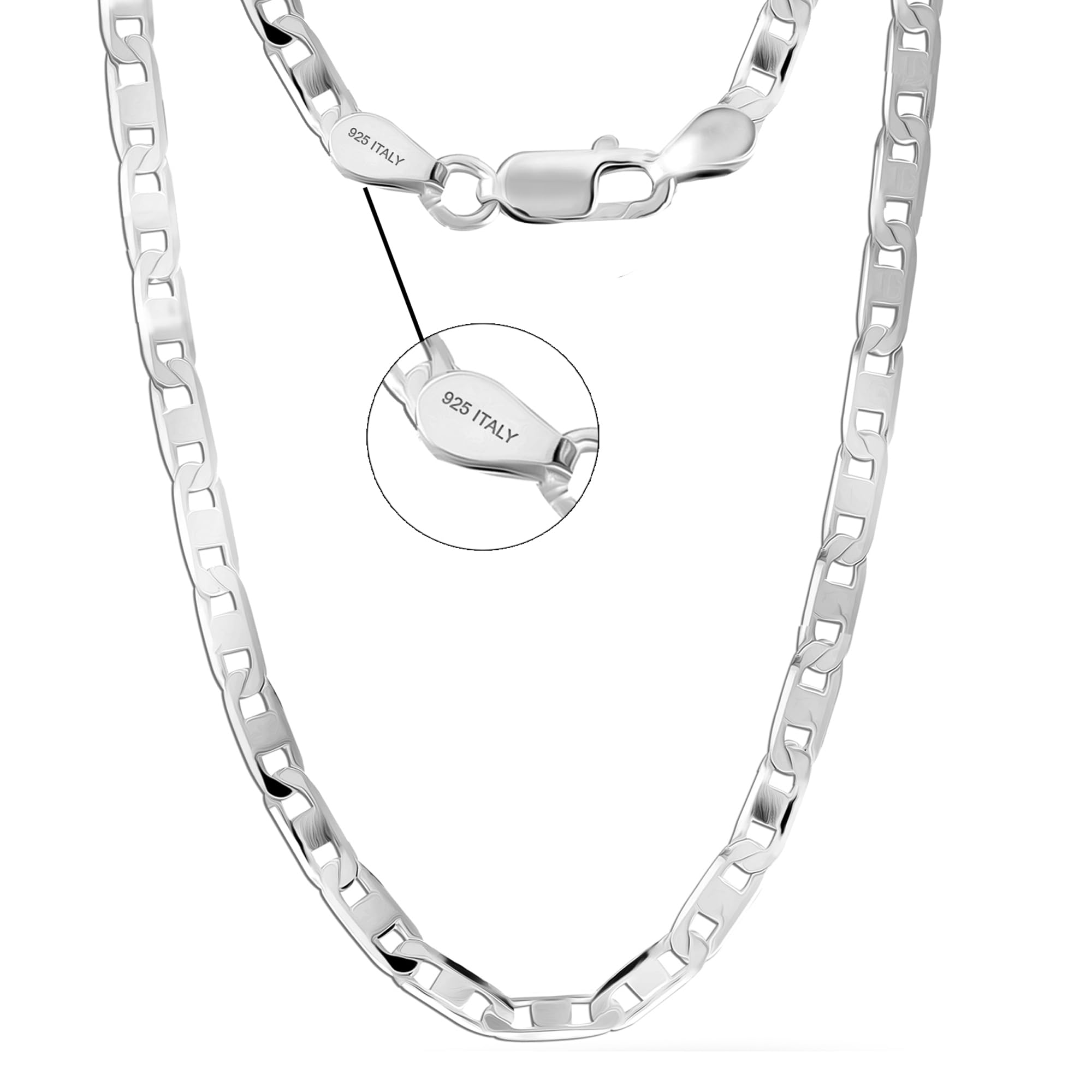 LeCallaSolid 925 Sterling Silver Italian 3 MM, 4 MM Diamond-Cut Solid Flat Mariner Link Chain Necklace for Women Men with Lobster Clasp, Made in Italy (16, 18, 20, 22, 24 Inches)