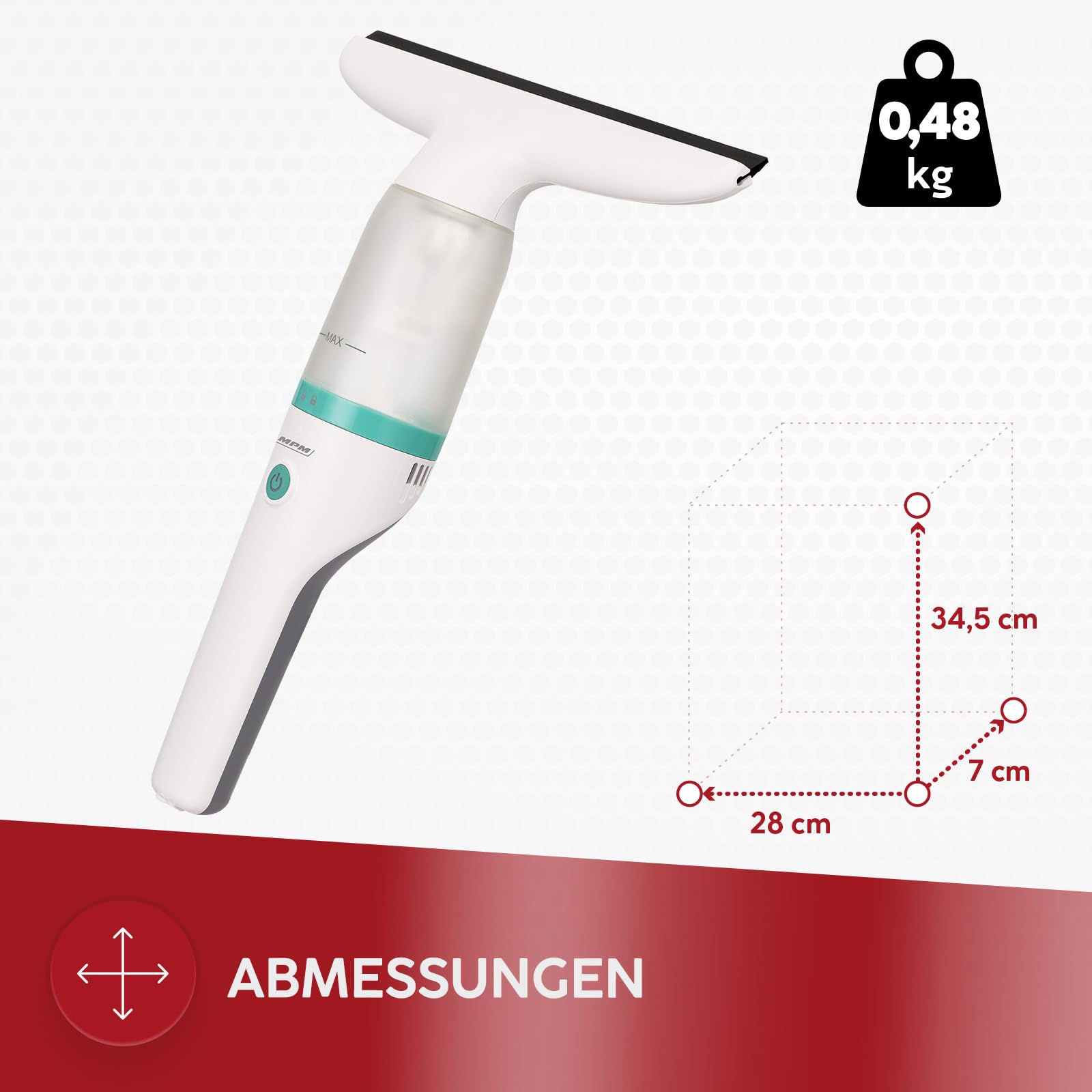 MPM Aspirateur de fenêtre MDS-01 - Aspirateur de fenêtre qui aspire automatiquement l'eau - Sans traces ni taches d'eau - 40 minutes d'autonomie avec une charge