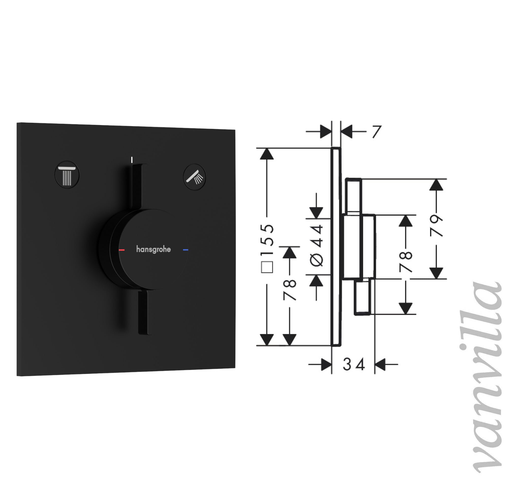 vanvilla Duschsystem mit Unterputz Duscharmatur von Hansgrohe Duo Turn E und vanvilla Regendusche mit Armatur, Duschkopf eckig, Dusch-SET HGS211 schwarz matt