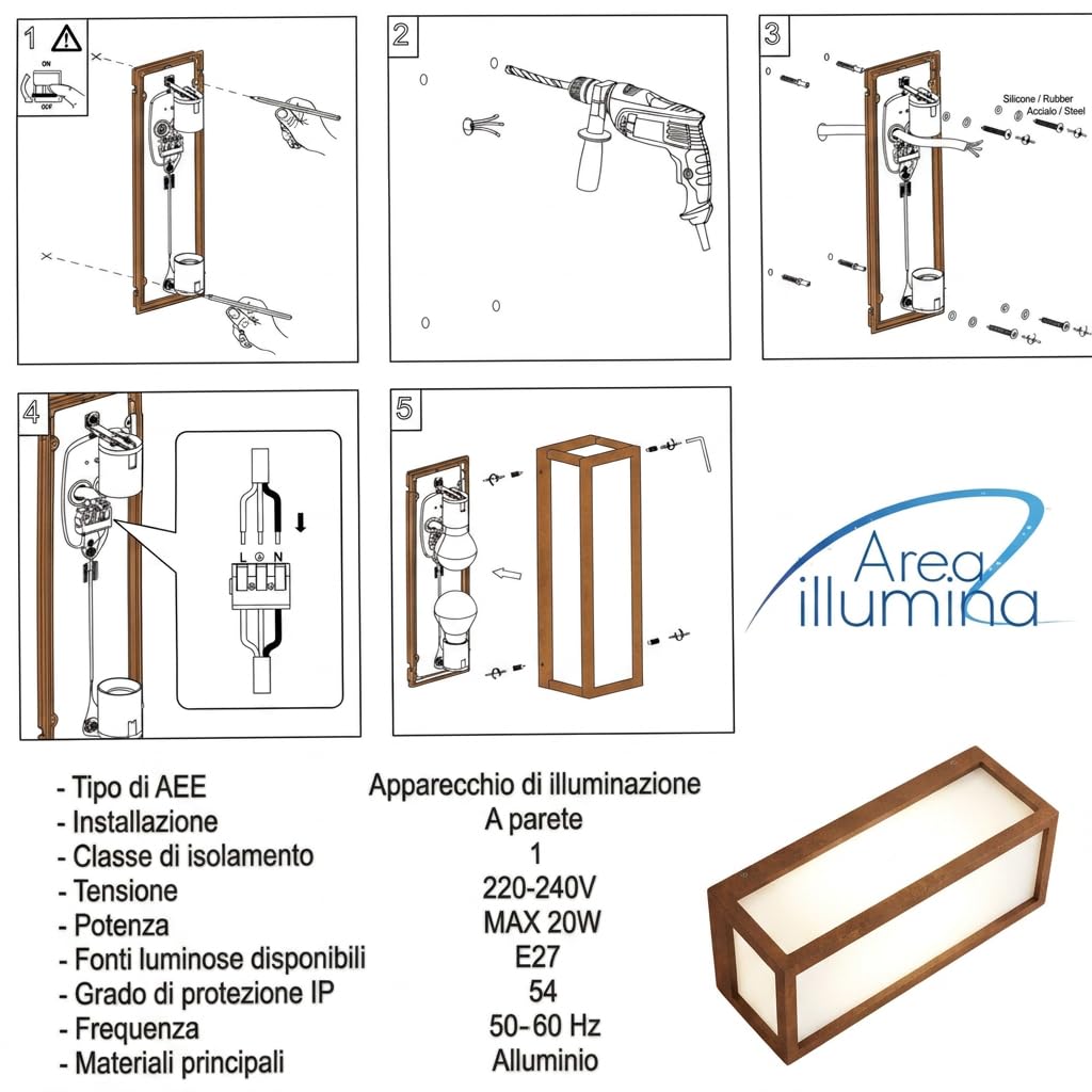 Applique da Parete in Alluminio per Esterno, IP54, E27 Max 20W, Stile Moderno, 370x110x100 mm, Bianco/Antracite/Corten (Corten)
