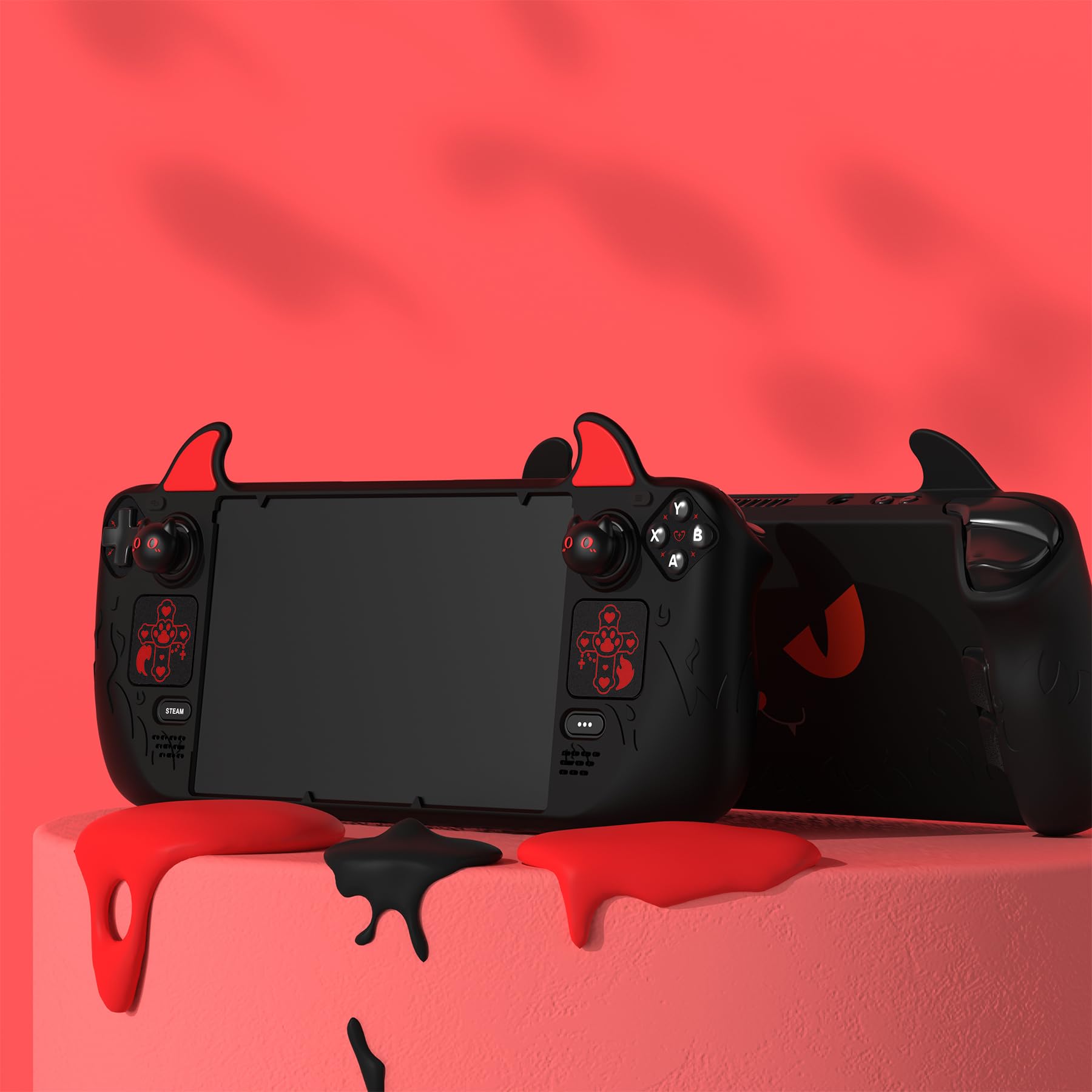 PlayVital Cover Skin per Steam Deck OLED/LCD, Custodia Silicone Protettiva Grip Antiscivolo&Copri Levette Analogiche&Adesivi per Trackpad&Tasti Posteriori, Demone Carino, Nero