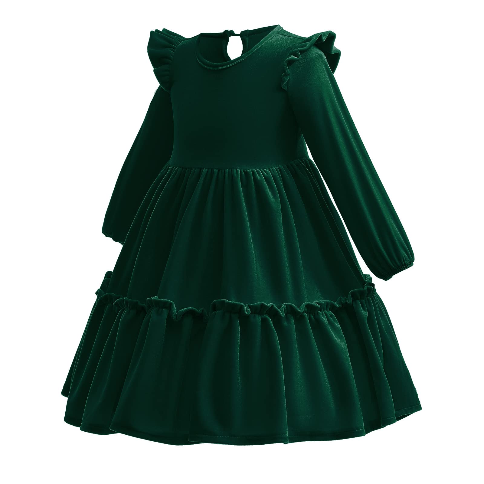 Enfants Filles Robe de Noël Manches Longues Velours Automne Hiver Vêtements Princesse A Ligne Couleur unie Volants Robe de Fête Anniversaire Festif Concours Robe de Bal, vert foncé, 3-4 ans