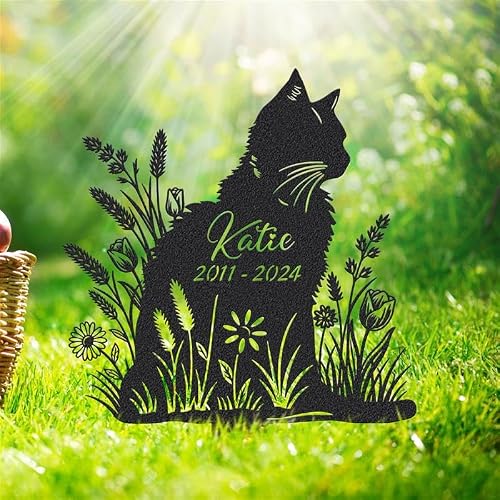 AVAGifts Personalized Cat Name Memorial Grave Stake Marker, Custom Floral Cat Memorial Grave Marker, Customized Flowers Stake Outdoor Metal Grave Plaque, Pet Cemetery