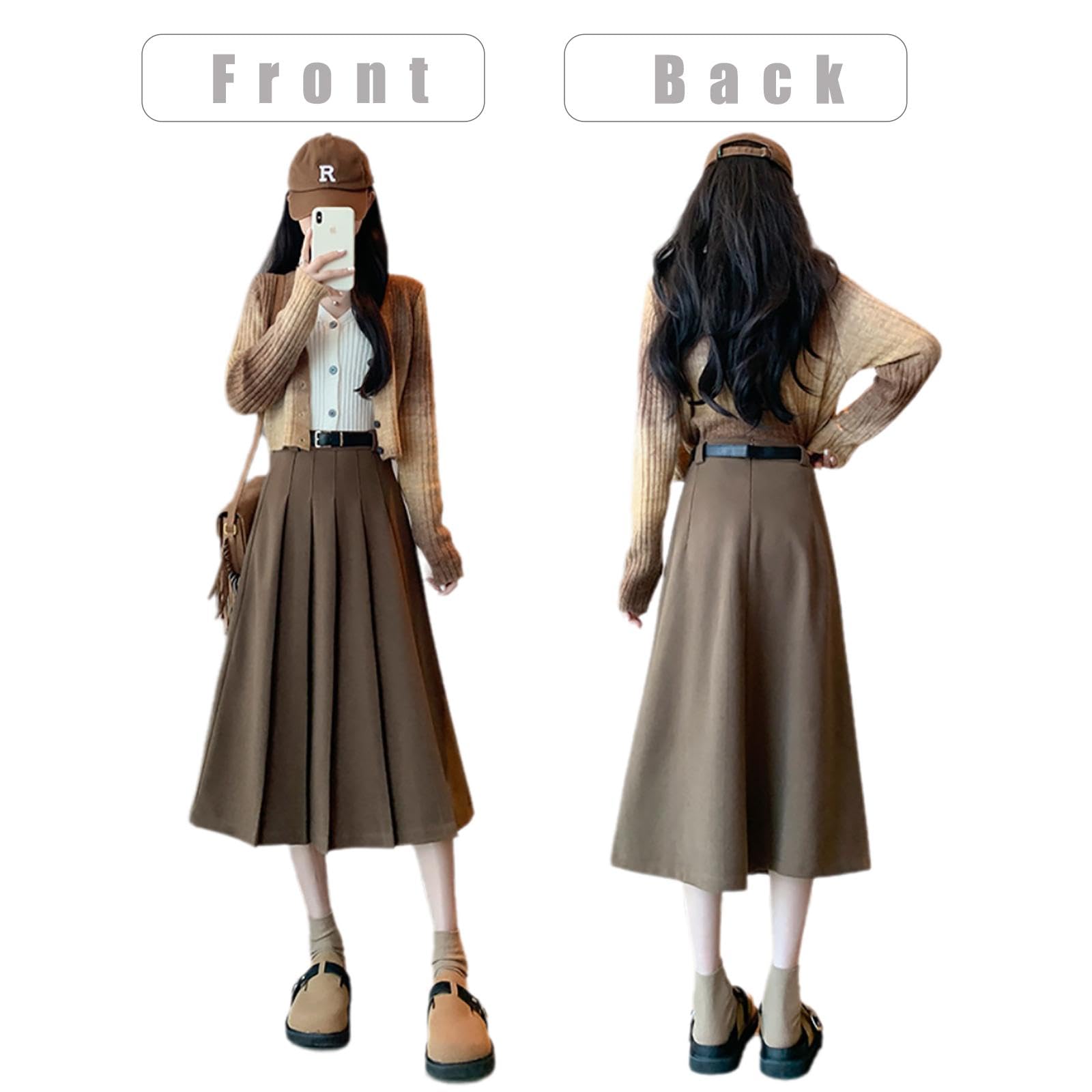 Generisch Faltenrock Damen High Waist Maxirock Wollrock Langer A-Linie Rock Elegant Herbst Winterrock Warm Röcke Midi Trachtenrock