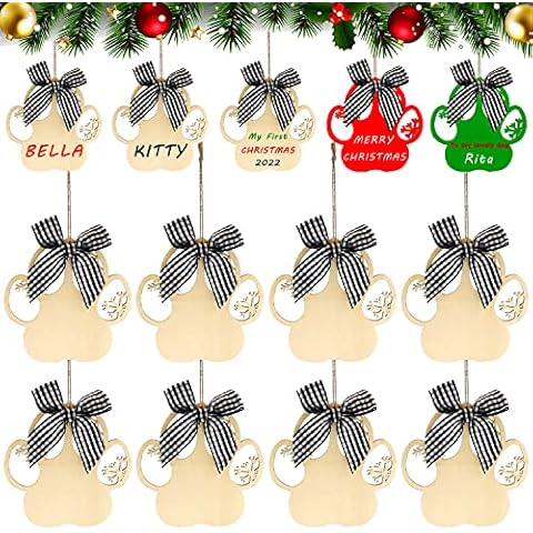 12 Pieces Christmas Dog Paw Personalized Ornaments Dog Paw Christmas Stocking Name Tags Dog Paw Hanging Ornaments with Buffalo Check Bows and Snowflake Cutout for Christmas Tree Decoration Cover