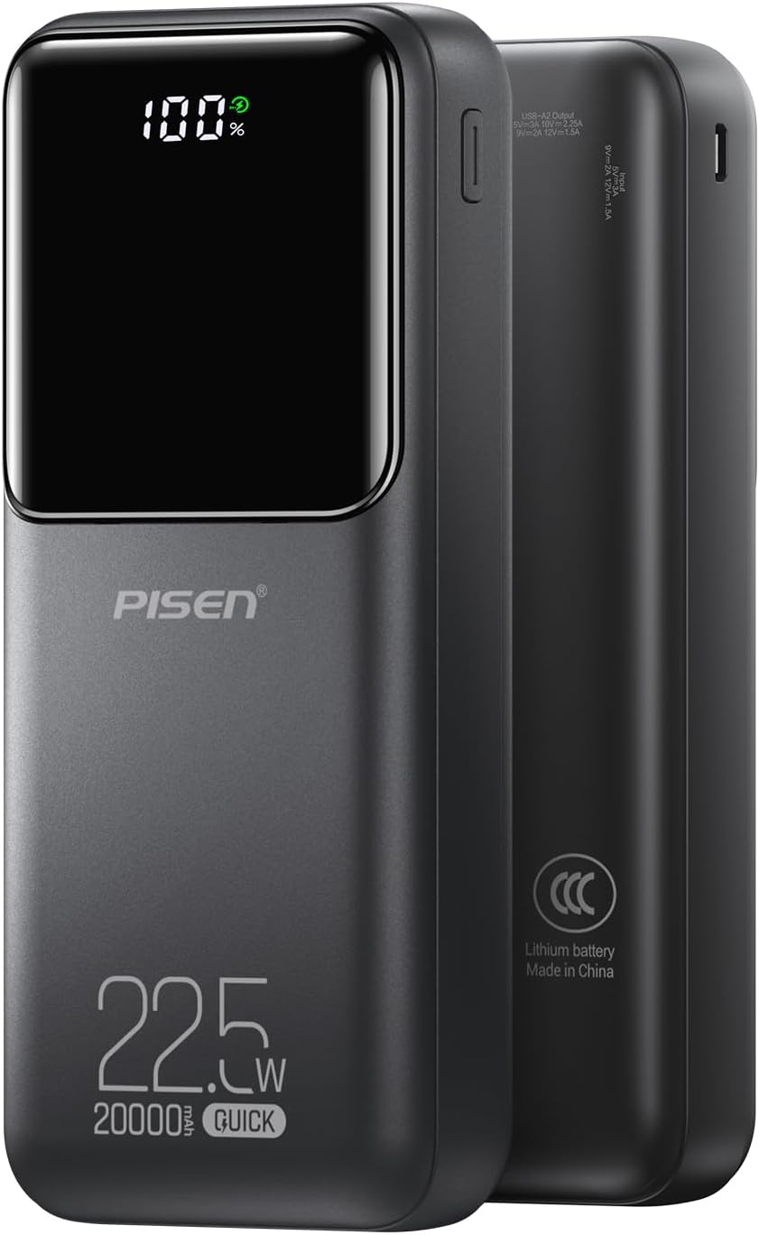 PISEN CCC Certified Power Bank – 20000mAh 22.5W 3C Power Bank, Travel Battery Pack Portable 3C Charger, PD3.0 QC3.0 20000mAh LED Display Portable Charger 2USB-A, 1USB-C for iPhone, Samsung and More