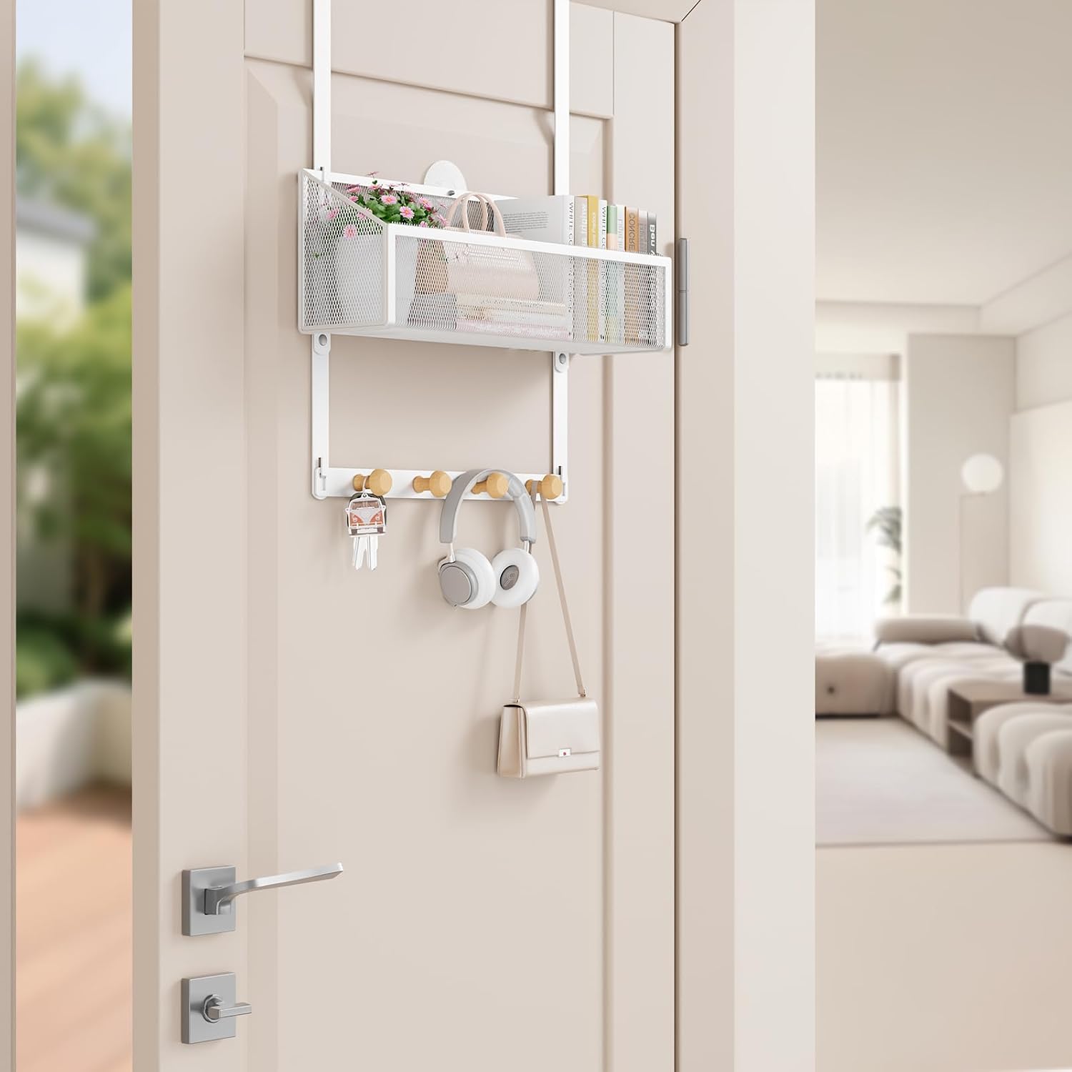 Over-the-Door Storage Organizer, Heavy-Duty Behind Door Rack with Mesh Basket & 4 Hooks for Towels Coats Keys, Space Saving for Bathroom Bedroom Kitchen Office, White image 5