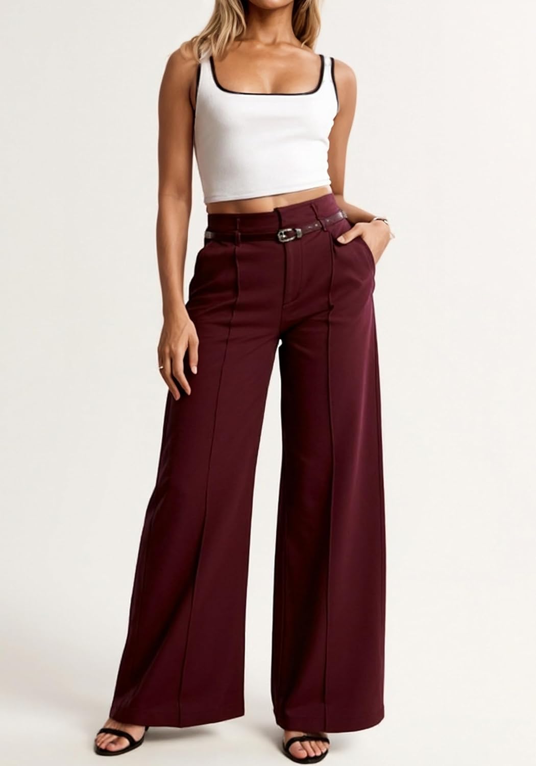 Womens Wide Leg Dress Pants Straight Wide Leg High Waisted Trousers Casual Business Work Slacks with Belt - Image 4