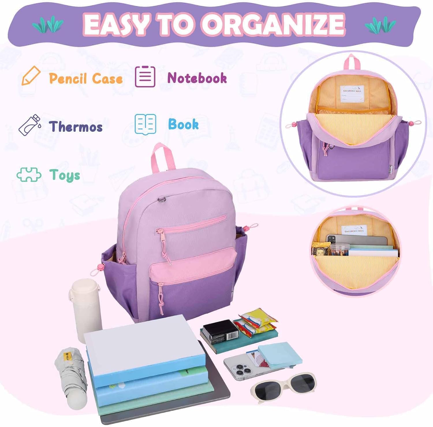 Chase Chic Toddler Backpacks for Girls, 15 Inch Preschool Kindergarten Backpack for Kids 3-8,Small Cute Toddler Bag with Chest Strap for Daycare Travel (Purple)