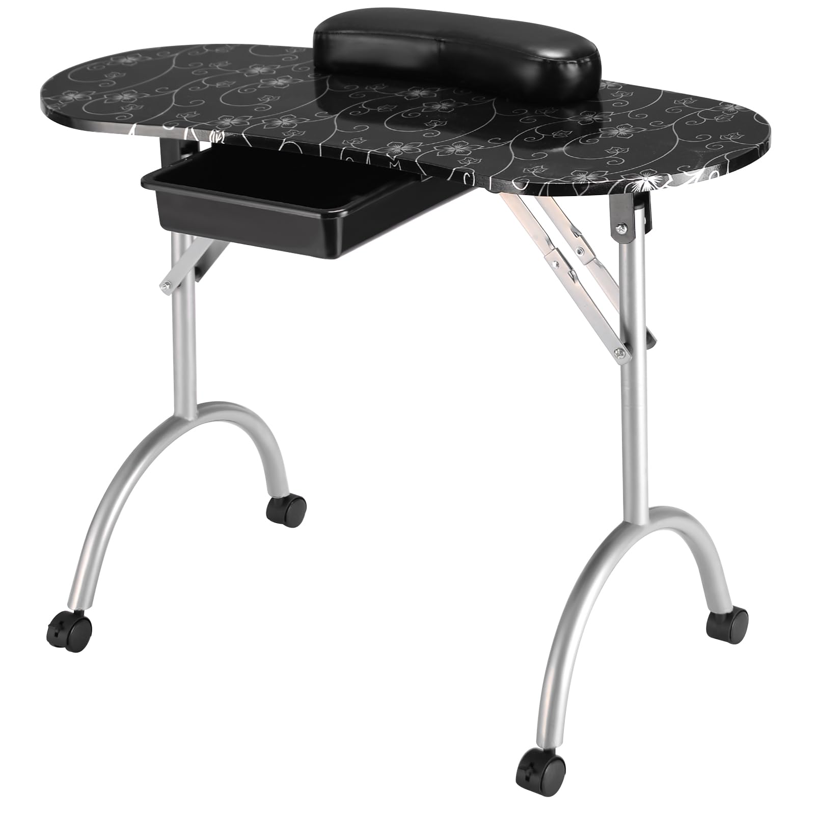 GOPLUS Mesa Plegable para Manicura, Mesa Profesional para Uñas con 4 Ruedas Bloqueables, Cajón, Reposamuñecas, Bolsa de Rransporte, Portátil para Spa, Salón de Belleza, Hogar