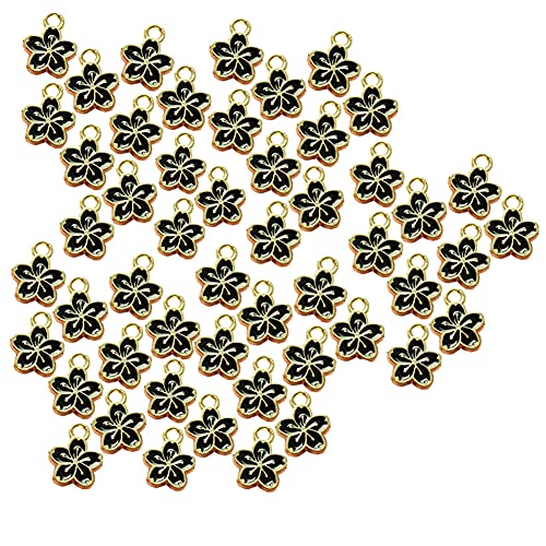 50 Pieces Assorted 5 Colors Sakura Flower Jewelry Charms Floral Enamel Pendants Rhinestone Flatback Beads for Jewerly Making Wine Charms Tags Key Chain Charms Bookmark Charms Home Decorations (Black)