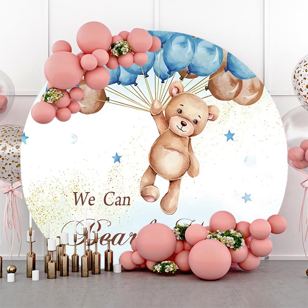 AOFOTO 2,2 x 2,2 m Bär Junge Babyparty Runde Hintergrundabdeckung We Can Bearly Wait to Meet You Flying Teddy Blau Braun Luftballons Gold Glitzer Fotografie Hintergrund für Kinder Neugeborene Party