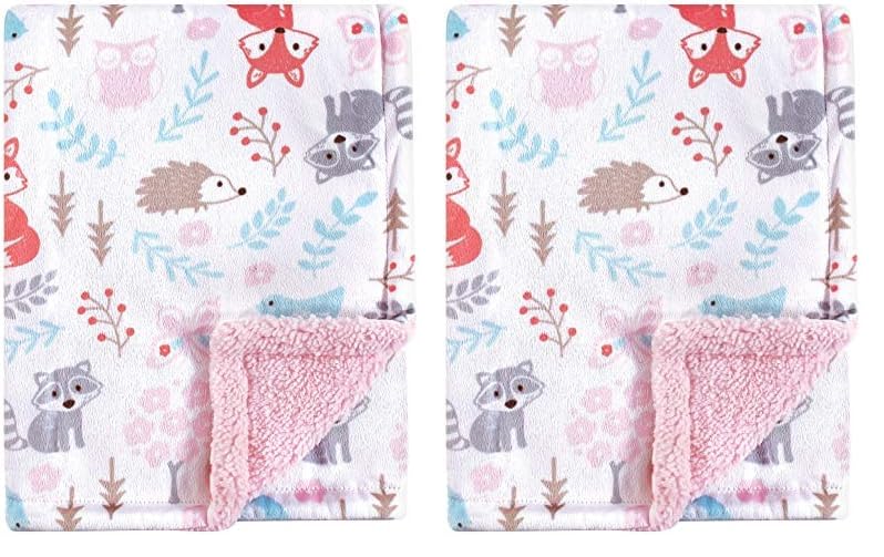 Image of Hudson Baby Unisex Baby Plush Mink and Sherpa Blanket, Girl Woodland, One Size (Pack of 2)