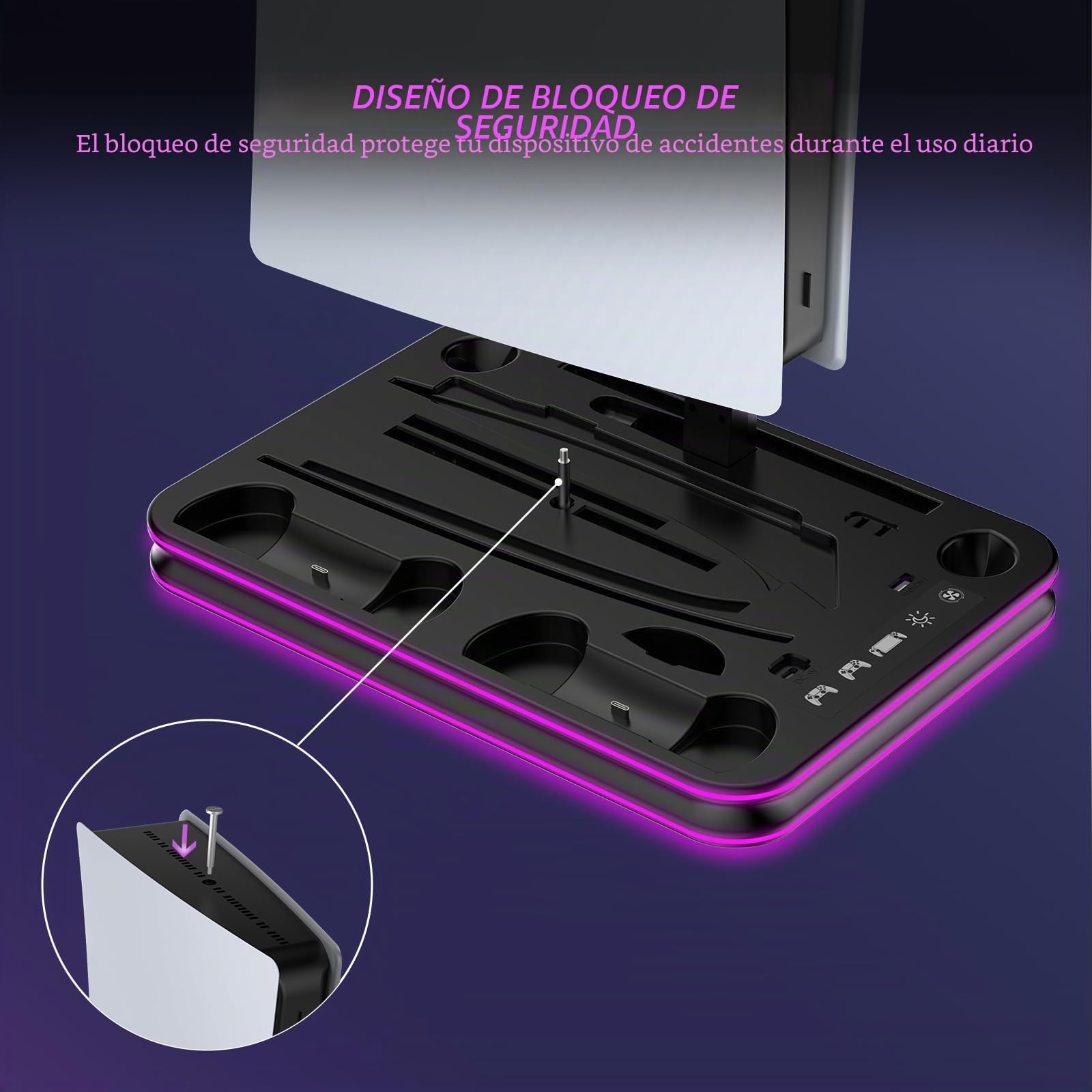 Soporte PS5 Pro/Slim/PS5 y estación de refrigeración con controlador de iluminación RGB, estación de carga para consola PlayStation 5, base de carga PS Portal, accesorios P5 Pro con ventilador