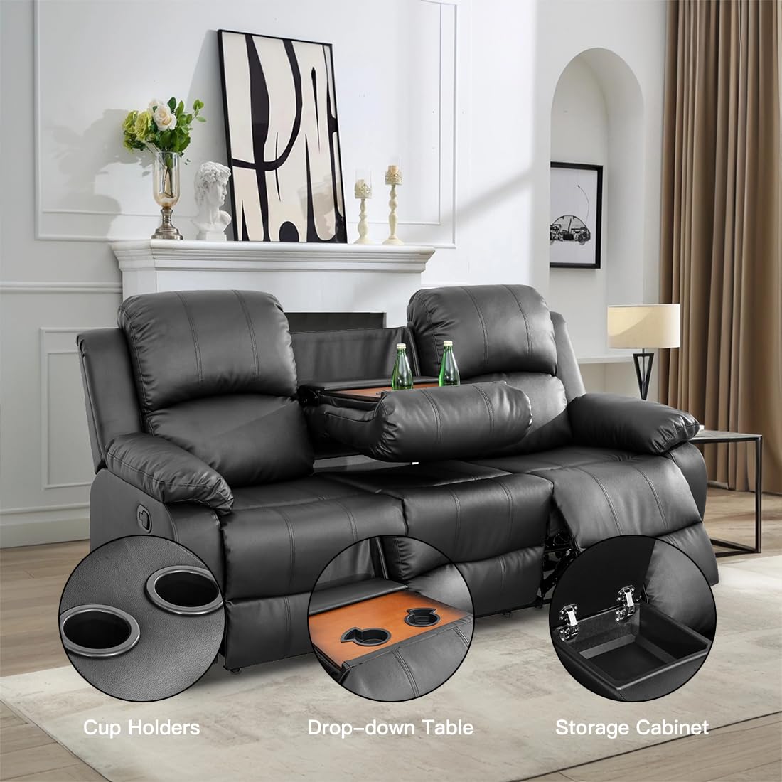 Toseslo Living Room Furniture Set, Manual Reclining Sofa Set,Black Leather Recliner Couch Sets with Drop-Down Table, Recliner Sofa with Storage Console/Cup Holder for Living Room/Apartment view 3