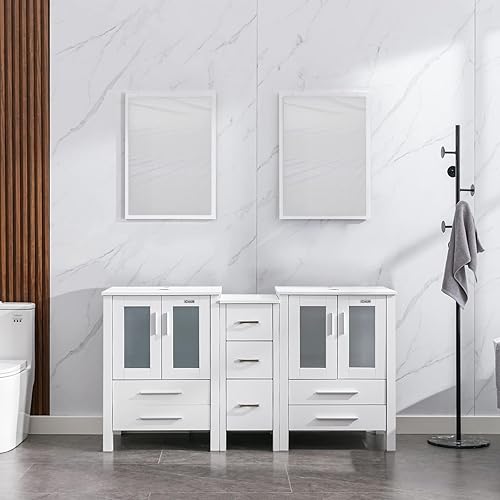 eclife Lavabo de baño moderno de 60 pulgadas con gabinete lateral pequeño, sin fregadero de recipiente, grifo, drenaje (solo tocador blanco)