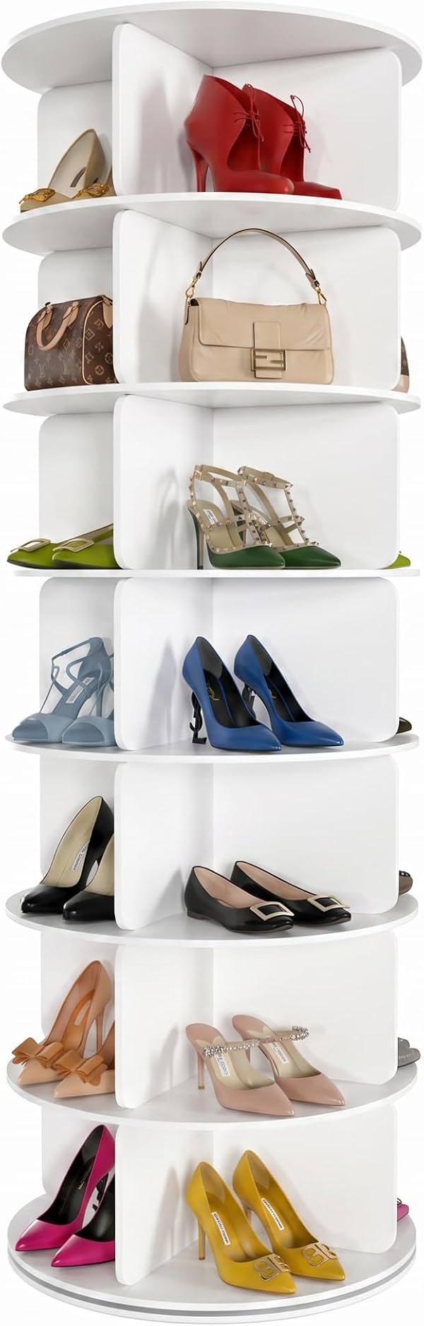Torre organizadora de zapatos giratoria de 7 niveles, carrusel giratorio redondo de 360°, organizador de zapatos rotatorio, gabinete de almacenamiento para esquina, color blanco