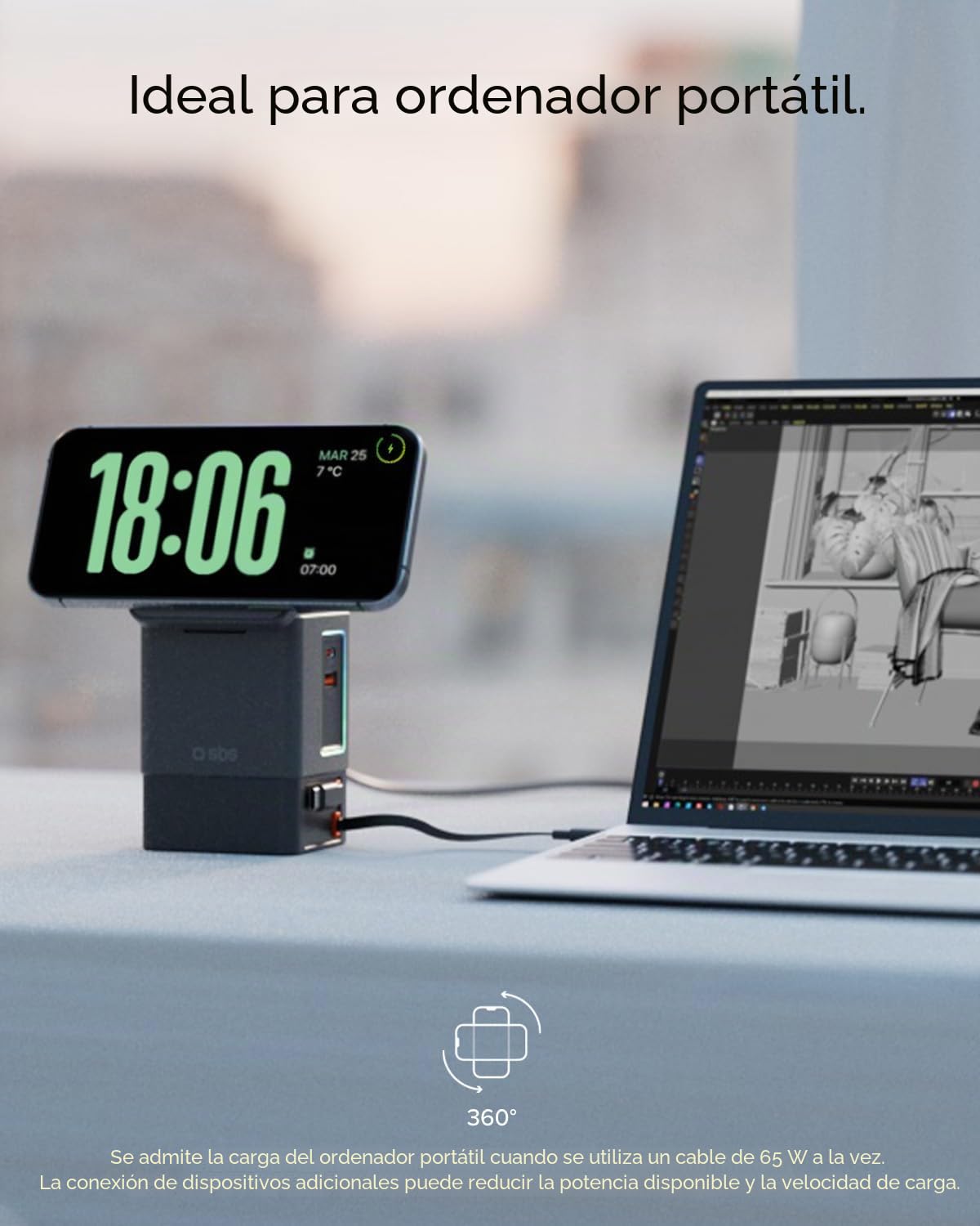 SBS Power Dock 6in1 100W USB-C, Carga Inalámbrica 15W, Compatible con MagSafe, Power Delivery (PD 3.0 PPS), Estación de Carga con 2 Cables Retráctiles, Adaptador para Portátil, iPhone, AirPods, Negro | Power Delivery (PD 3.0 PPS), estación de carga con 2
