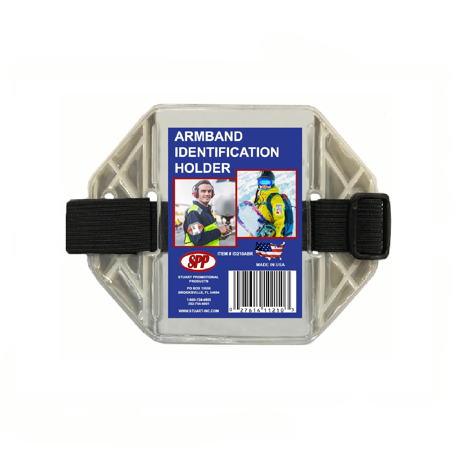 Reflective White Armband Badge Holder, Black Stretch Band, Black Buckle, Fits 2 3/4" x 4 1/8" Cards, Top Slit, Made in USA