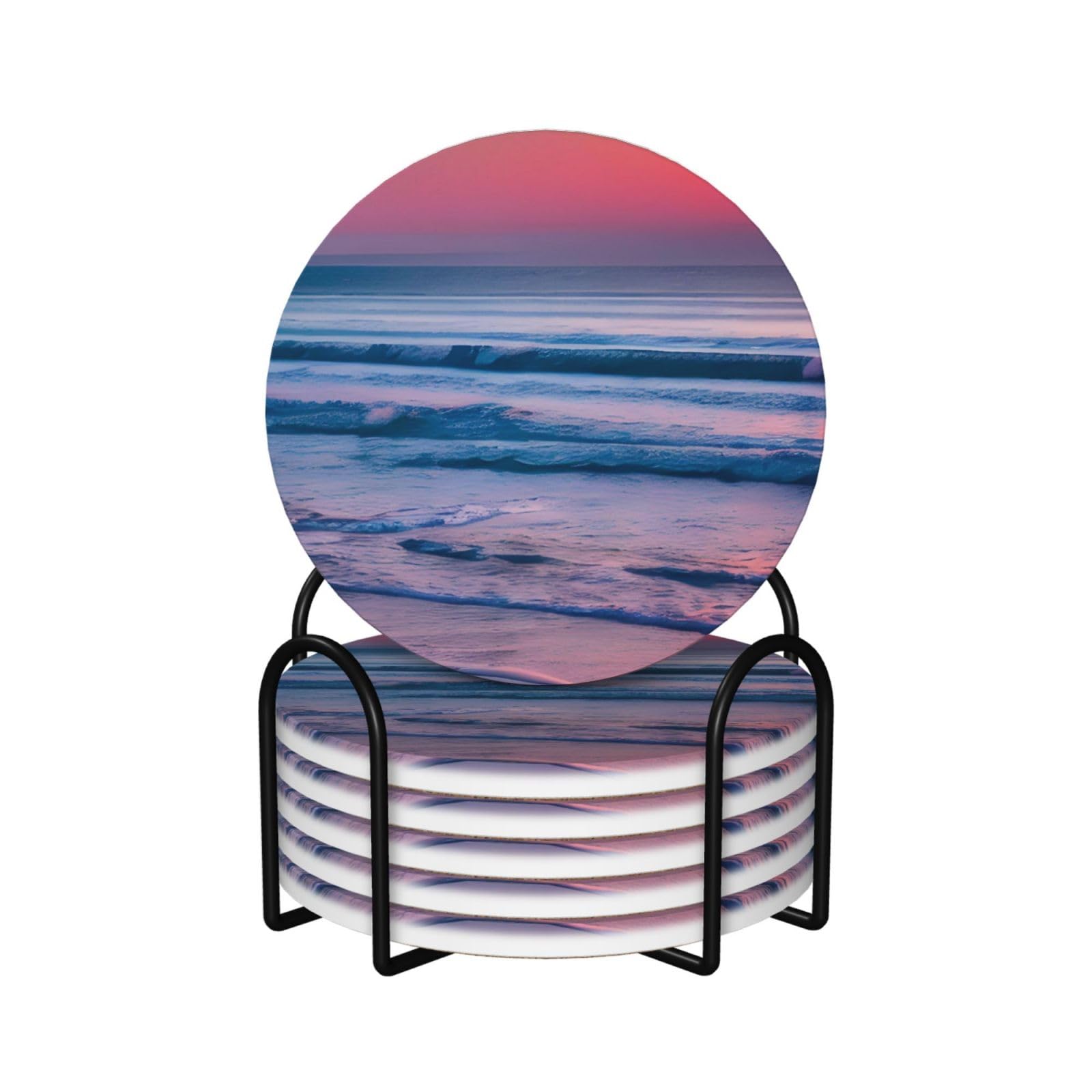 Dessous de verre en céramique lot de 6 ronds avec support design coucher de soleil