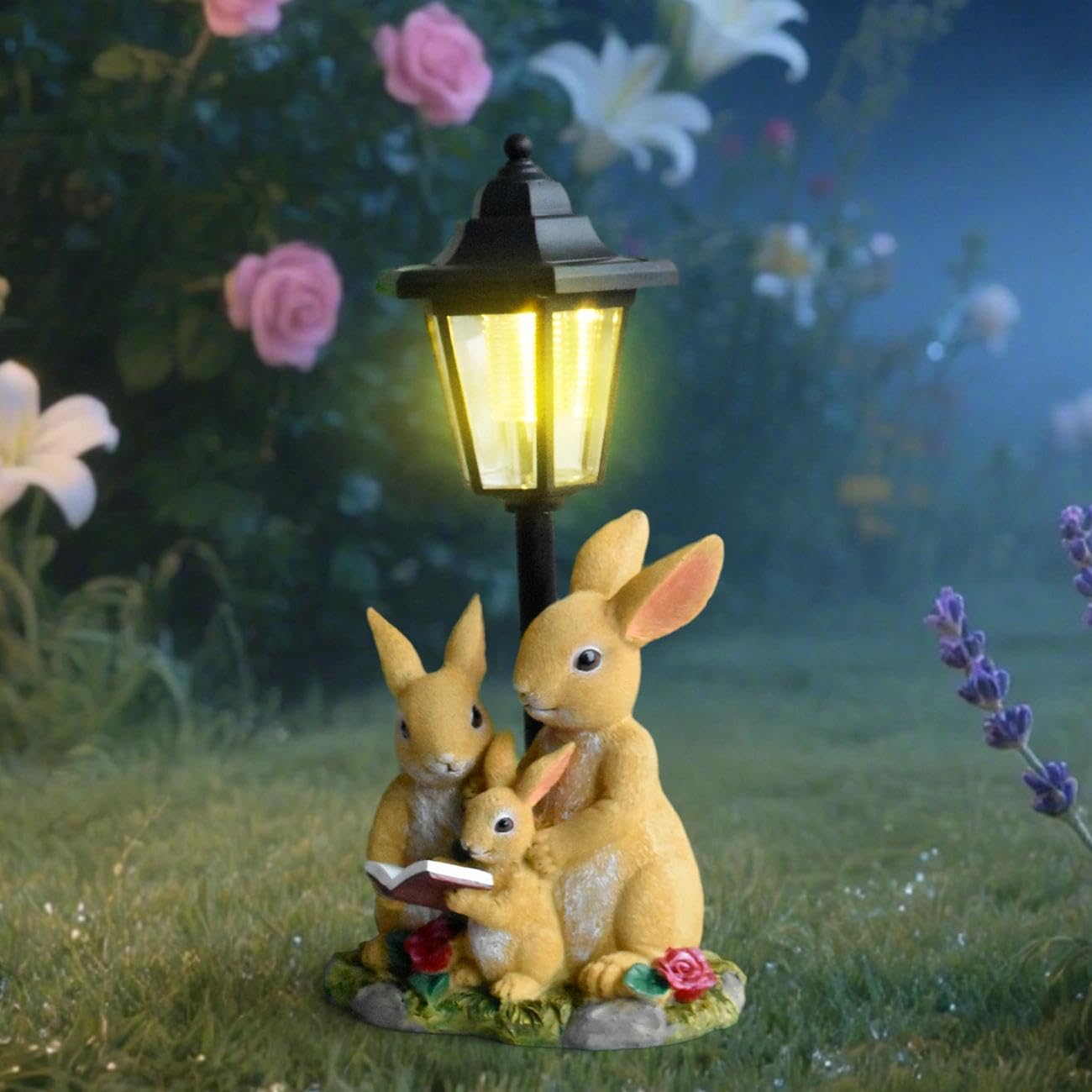 JIALINXIA Rabbit Family Garden Statue with Solar Lights, Outdoor Yard Art Sculpture for Lawn Patio Decor, Resin Animal Figurine