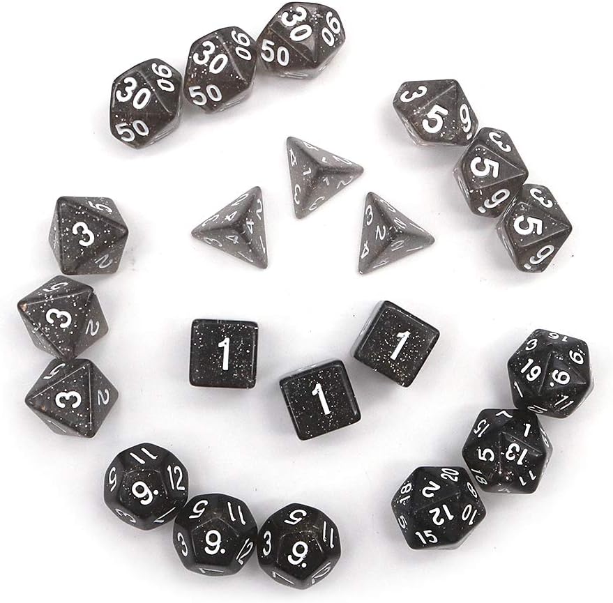 DollaTek Glitter Point Polyhedral Dice Set Table Games Dice 3 Sets Dice 3 x 7 (21 Pieces) Die Series D20 D12 D10 D8 D6 D4 DND RPG MTG Double Colors One Piece (Black)