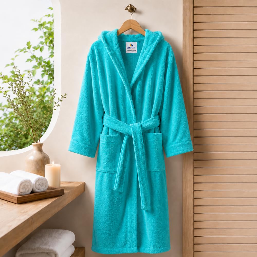 SABANALIA Peignoir unisexe en tissu éponge avec capuche, 420 g/m², 100% coton, double poche, disponible en plusieurs tailles et couleurs, ceinture ajustable, haute capacité d'absorption