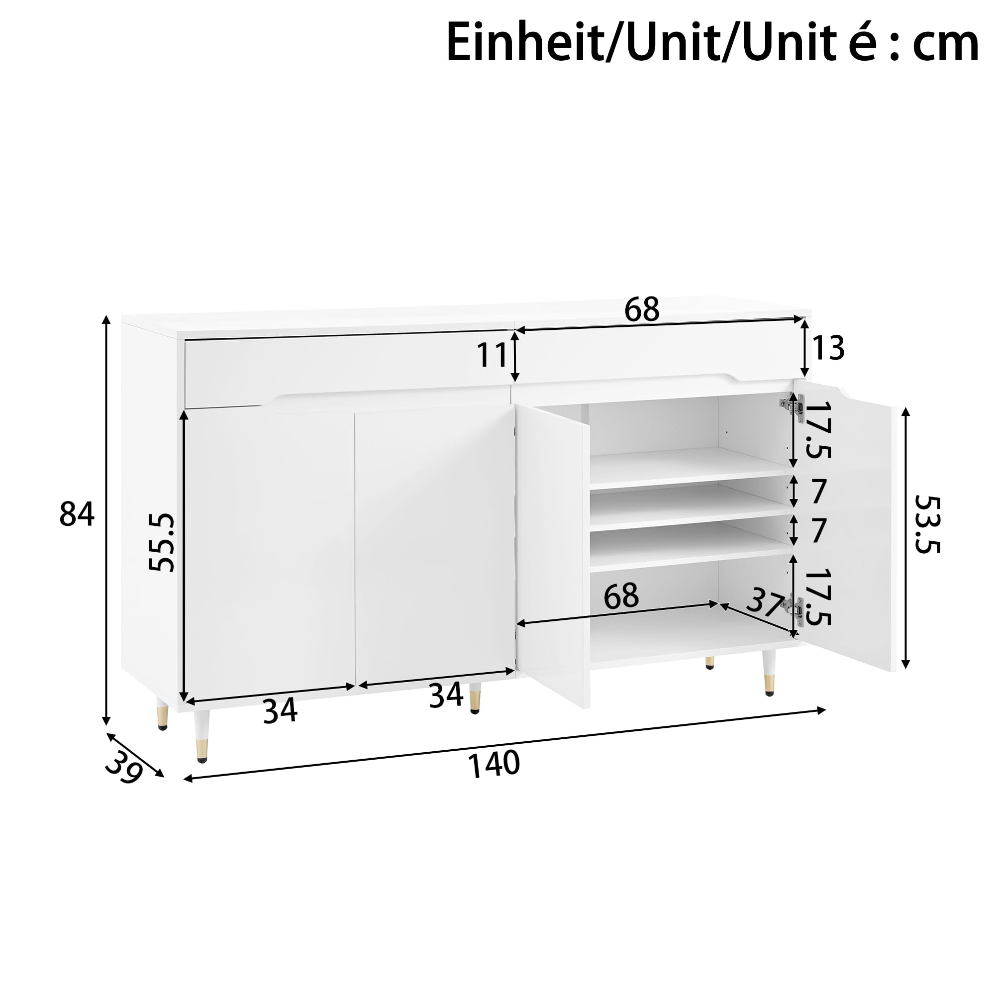 Zapatero moderno con dos puertas, dos cajones, estantes ajustables y patas doradas, espacio para 18-24 pares de zapatos, 140 x 39 x 84 cm (largo x ancho x alto)
