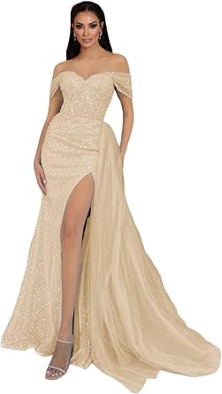 Mermaid Sparkly Sequin Prom فساتين طويلة مع شق قبالة الكتف مساء الكرة الرسمية مع قطار للنساء
