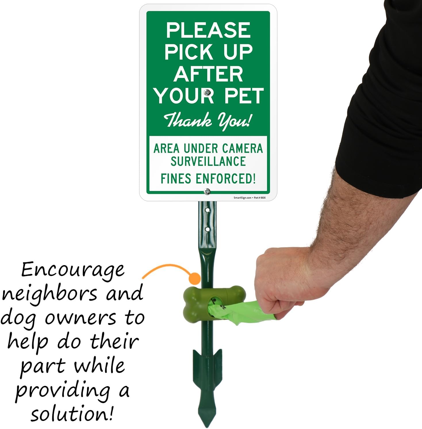 SmartSign Pick Up After Pet Area Under Camera Surveillance Yard Sign & Clip-On Preloaded Dispenser Combo/Kit with 135 Dog Poop Waste Bags, 7"x10" Rust-proof Aluminum Sign with 18-inch Steel Stake