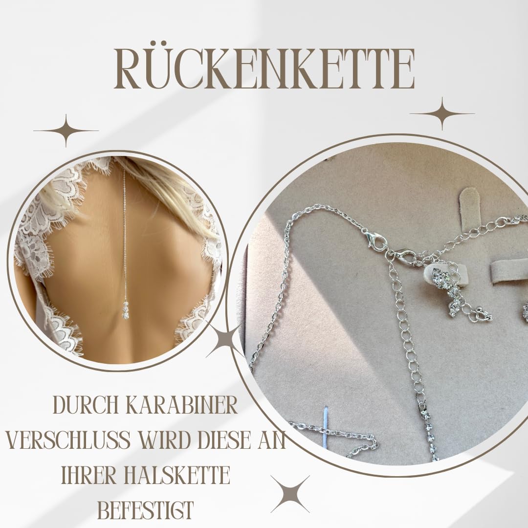 Brautschmuck Set Silber, Halskette 38-48cm, Rückenkette 23cm, Armband 18,5cm, Ohrringe 2,5cm mit Strass