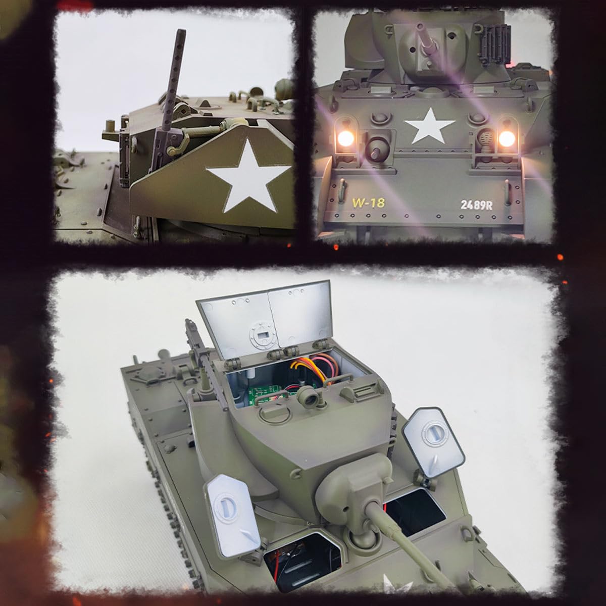 Skala 1/16 US M5A1 Stuart Light RC czołg z pilotem zdalnego sterowania 2,4 G i efektami dźwiękowymi i świetlnymi oraz teleskopowym układem wydechowym, prezent dla wojskowych miłośników RC