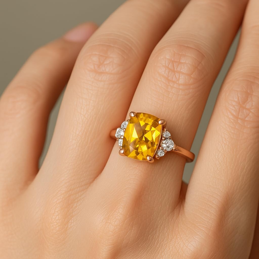 Cushion Cut Citrine Engagement Ring for Women 14k Rose Gold Ring with Diamond Cluster Dainty Vintage Wedding Promise Jewelry Gift for Her